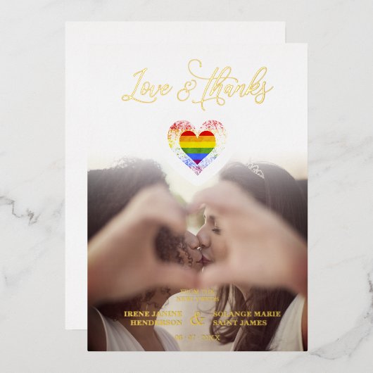 Invitation En Aluminium Chic Love & Merci LGBT Rainbow Pride Heart Photo (Recto/Verso)