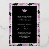 Invitation En Aluminium Chic Magnolias violet sur Black Mariage Silver (Recto)