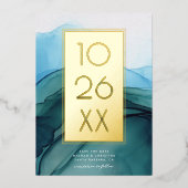 Invitation En Aluminium Chic Moderne Bleu Aquarelle Enregistrer la Date Or (Recto)