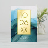 Invitation En Aluminium Chic Moderne Bleu Aquarelle Enregistrer la Date Or (Debout devant)