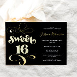 Invitation En Aluminium Chic noir or rétro script photo Sweet 16<br><div class="desc">Chic noir or rétro script photo Sweet 16 anniversaire invitation fête avec véritable feuille d'or.</div>