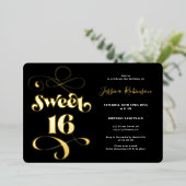 Invitation En Aluminium Chic noir or rétro script photo Sweet 16 (Debout devant)
