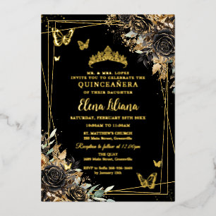 Invitation En Aluminium Chic Papillons Floraux Noirs et Or Quinceañera