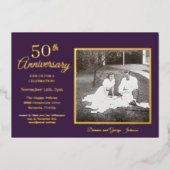 Invitation En Aluminium Chic Photo Violet 50e Anniversaire Or (Recto)
