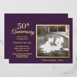 Invitation En Aluminium Chic Purple Photo 50e Anniversaire Or
