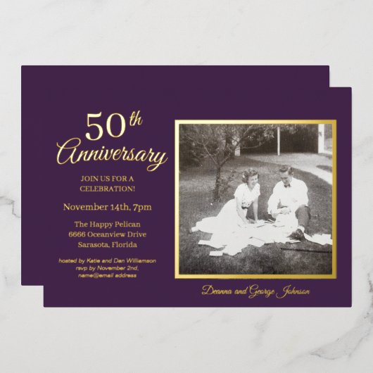 Invitation En Aluminium Chic Purple Photo 50e Anniversaire Or (Recto/Verso)
