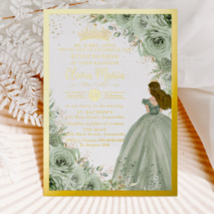Invitation En Aluminium Chic Sage Green Floral Princesse Gold Quinceañera