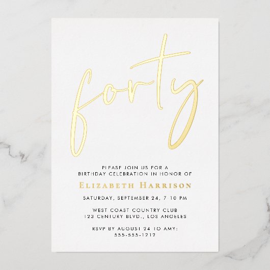 Invitation En Aluminium Chic Script 40e fête d'anniversaire (Recto)