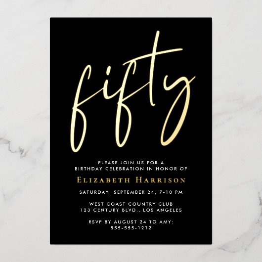 Invitation En Aluminium Chic Script 50e fête d'anniversaire (Recto)