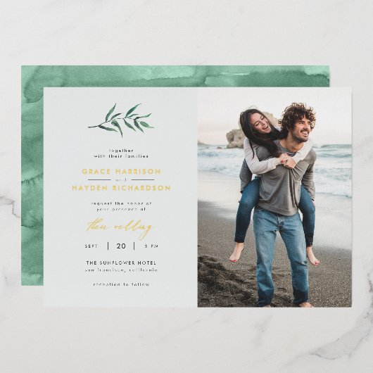 Invitation En Aluminium Chic Simple Bleu & Vert Branche Mariage Photo (Recto/Verso)