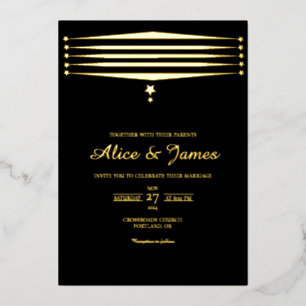Invitation En Aluminium Chic Star Lines Élégant Mariage Noir et Or à Feuil