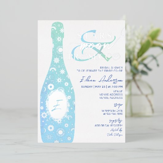 Invitation En Aluminium Chic Stars Moon & Prosecco Fête des mariées célest (Debout devant)