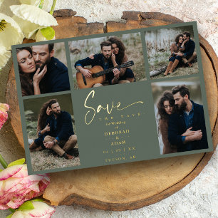 Invitation En Aluminium Chic Tendance Collage Mariage 5 Photos Vert Doré