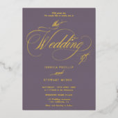 Invitation En Aluminium Chic violet photo calligraphie mariage or (Recto)