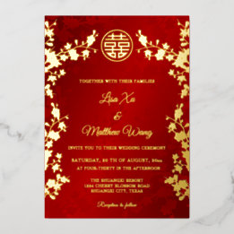 Invitation En Aluminium Chinois Bilingue | Mariage Floral Rouge Or