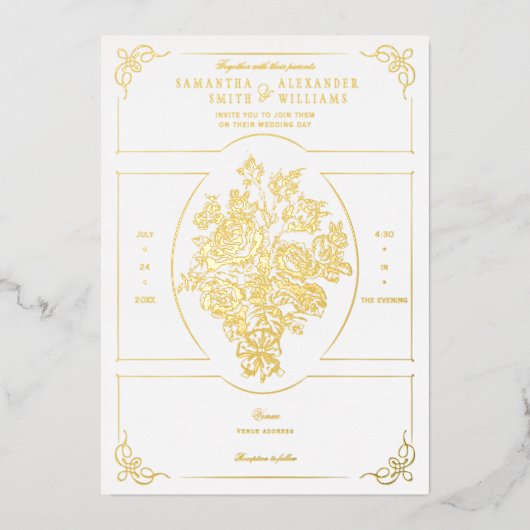 Invitation En Aluminium Chinoiserie Elégant Bouquet Bleu Mariage victorien (Recto)