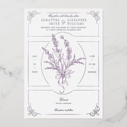 Invitation En Aluminium Chinoiserie Lavender Bouquet Mariage victorien (Recto)