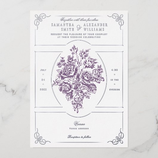 Invitation En Aluminium Chinoiserie Purple Rose Bouquet Mariage victorien (Recto)