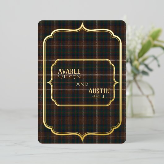 Invitation En Aluminium Chisholm Hunting Tartan Or Feuille (Debout devant)