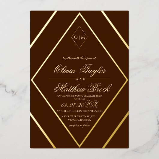 Invitation En Aluminium Chocolat diamant moderne Brown Mariage or (Recto)