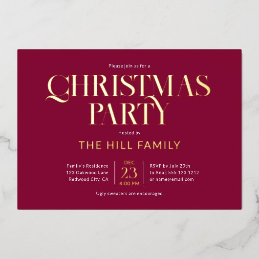 Invitation En Aluminium Christmas Party Elegant Red (Recto)