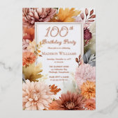 Invitation En Aluminium Chrysanthèmes Peonies Floral 100e fête d'anniversa (Recto)