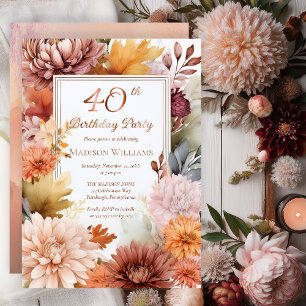 Invitation En Aluminium Chrysanthèmes Pivoines Floral 40e Fête d'Anniversa