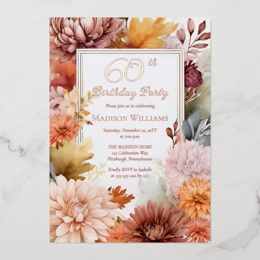 Invitation En Aluminium Chrysanthemums Peonies Floral 60e fête d'anniversa (Recto)