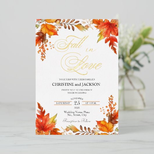 Invitation En Aluminium Chute en amour Elegant Boho Floral Mariage Gold (Debout devant)