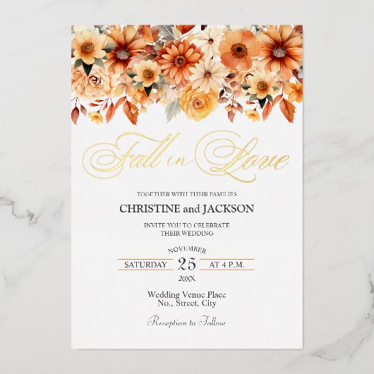 Invitation En Aluminium Chute en amour Elegant Boho Floral Mariage Gold (Recto)