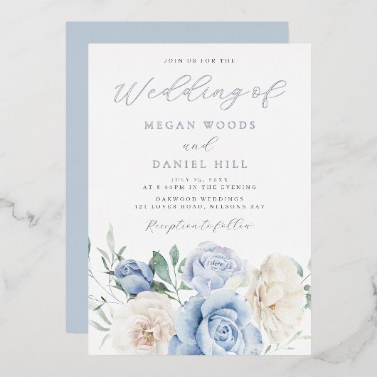 Invitation En Aluminium Ciel Dusty Bleu Superbe Mariage Floral Argent (Recto/Verso)