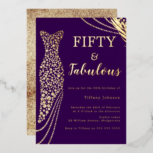 Invitation En Aluminium Cinquante et fabuleuse robe violet et or 50e anniv (Recto/Verso)