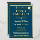 Invitation En Aluminium Cinquante et fabuleux Anniversaire Bleu VRAI Or<br><div class="desc">Nouveau et unique et sophistiqué — touches de REAL Gold Foil sur cette charmante invitation de fête d'anniversaire 50 et Fabulous. Il présente les jolies touches de feuille d'or avec la fleur belle comme la touche ajoutée et il ya beaucoup à personnaliser pour rendre approprié pour votre propre événement. Pour...</div>