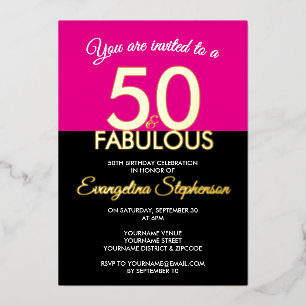 Invitation En Aluminium Cinquante Fabuleux Moderne Noir Rose 50e Anniversa