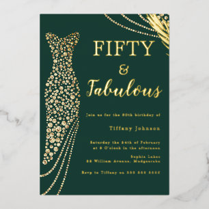 Invitation En Aluminium Cinquante & Fabuleux Robe Émeraude Or 50e Annivers