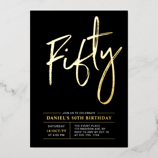 Invitation En Aluminium Cinquante | Fête d'anniversaire Gold & Black moder (Recto)