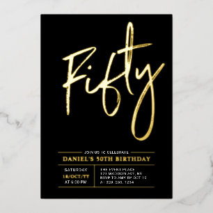 Invitation En Aluminium Cinquante Fête d'anniversaire moderne or et noir