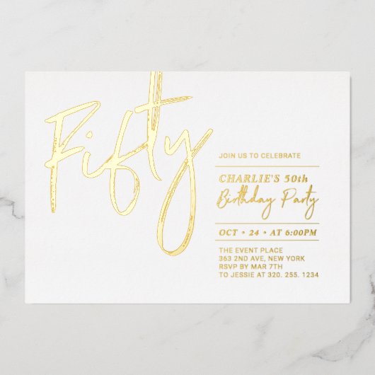 Invitation En Aluminium Cinquante | Foil Invit, fête de l'or moderne 50e a (Recto)