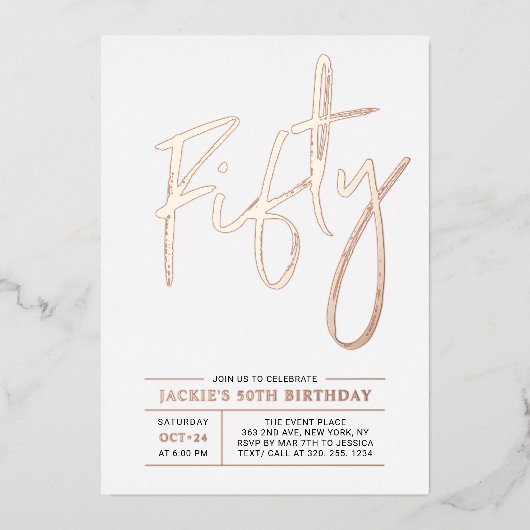Invitation En Aluminium Cinquante or Rose Moderne 50e fête d'anniversaire (Recto)