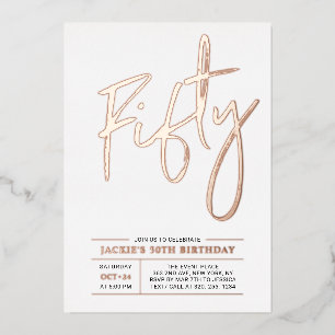 Invitation En Aluminium Cinquante Rose or Moderne Fête d'anniversaire 50 a