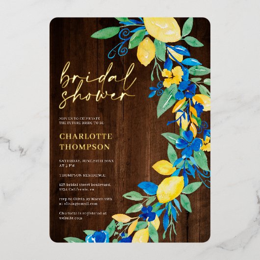 Invitation En Aluminium Citron bleu floral script douche nuptiale (Recto)