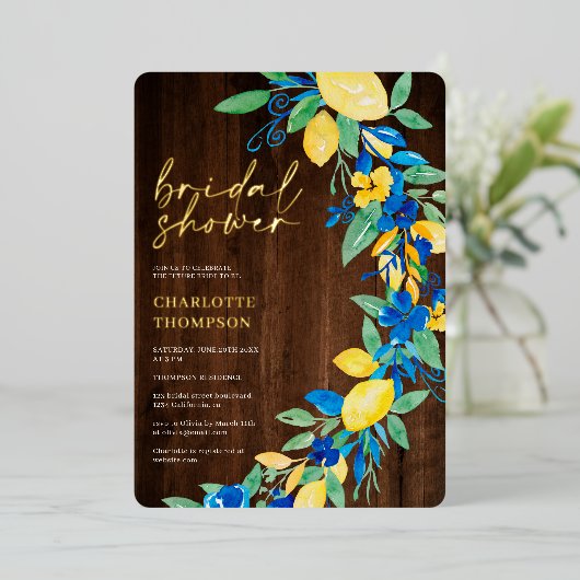 Invitation En Aluminium Citron bleu floral script douche nuptiale (Debout devant)