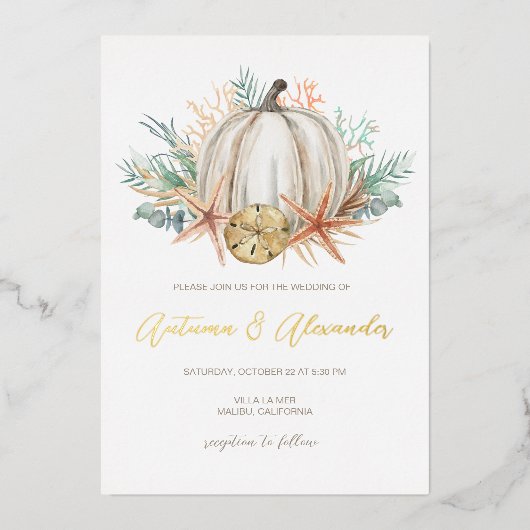 Invitation En Aluminium Citrouille d'automne côtier et Mariage de coquille (Recto)