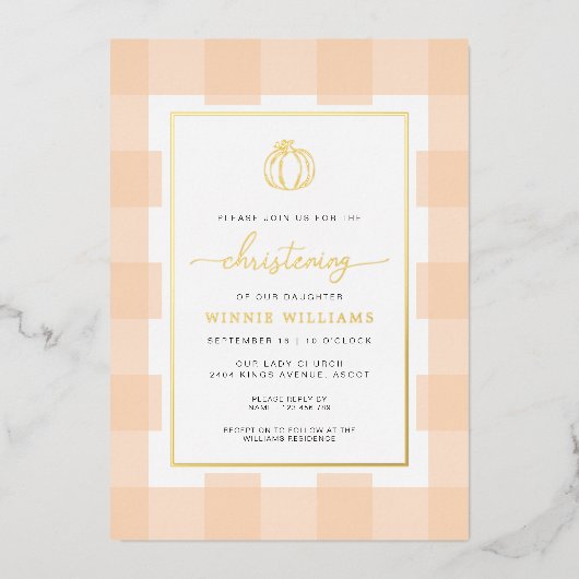 Invitation En Aluminium Citrouille Peach En vichy Christening Foil Invitat (Recto)