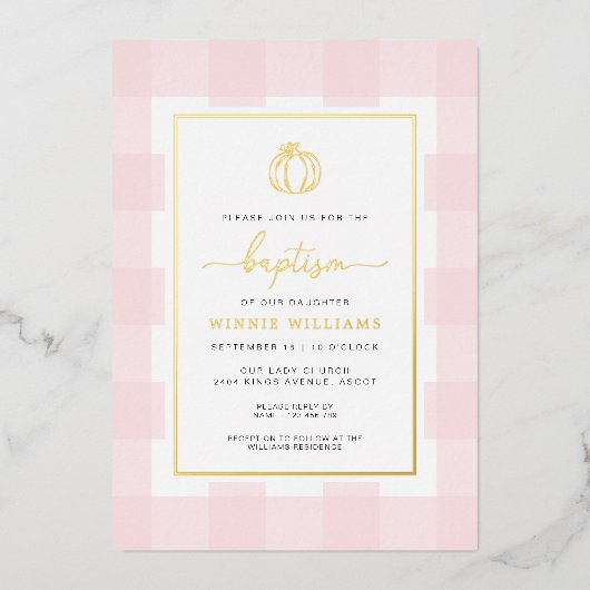 Invitation En Aluminium Citrouille Rose En vichy Baptême Gold Foil Invitat (Recto)