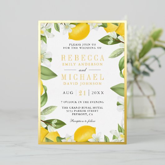 Invitation En Aluminium Citrus Lemon Orchard Photo Mariage Gold (Debout devant)