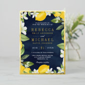 Invitation En Aluminium Citrus Lemon Orchard Photo Marine Blue Mariage Gol (Debout devant)