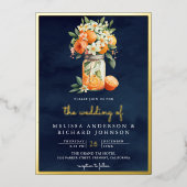Invitation En Aluminium Citrus Orange Marine Bleu Mason Jar Mariage Or (Recto)