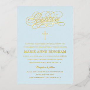 Invitation En Aluminium Clair Bleu Élégant Calligraphie Baptême Or