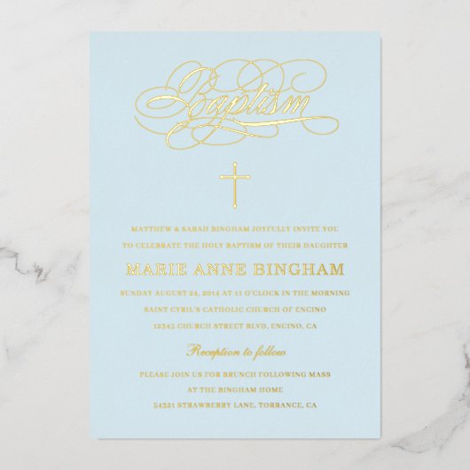 Invitation En Aluminium Clair Bleu Élégant Calligraphie Baptême Or (Recto)